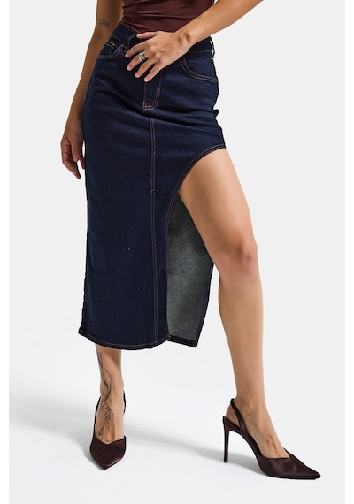 Itsbasic Kadın İndigo Selvedge 7s6-50 Maxi Yandan Yırtmaç Detaylı Tasarım Likralı Kumaş Denim Etek