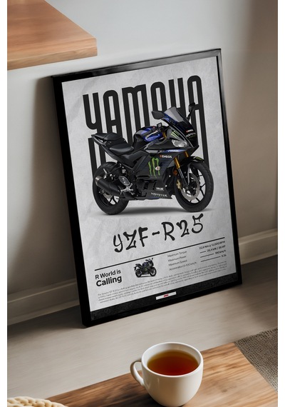 Yamaha Yzf-r25 Monster Siyah Ahşap Çerçeveli Poster, Dekoratif Motosiklet Duvar Tablosu