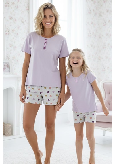 Siyah İnci Lila Desenli Pamuklu Bisiklet Yaka Örme Şortlu Pijama Takım