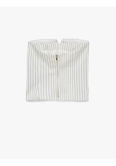 Koton Çizgili Kolsuz Fermuarlı Straplez Crop Bluz Beyaz Çizgili 6sak30039uw Beyaz Çizgili