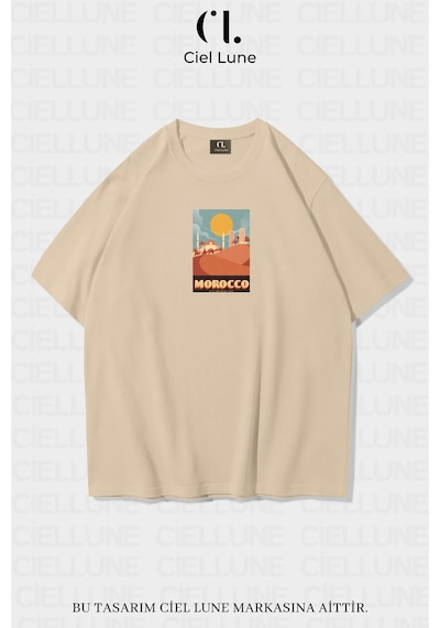 Nevermind Unisex Kadın Erkek Morocco Baskılı Özel Tasarım Oversiz Bej