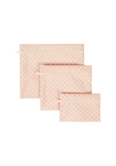 Ocean Home Textile 3'lü Su Geçirmez Pvc Astarlı Pembe Dama Desen Islak Kuru Çantası 20 X 13 / 24 X 20 / 30 X 24 Cm