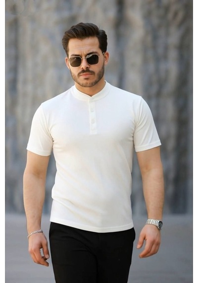 Veraura Lifestyle Erkek Kısa Kollu Hakim Yaka Önü Düğmeli Viskon Bluz Beyaz