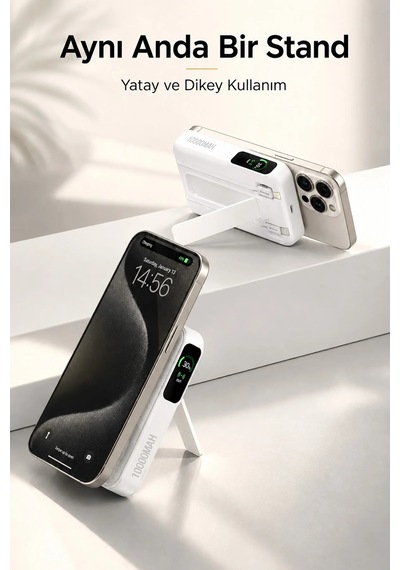 Diğer - Beyaz - Kablosuz Magsafe Powerbank 10000 Mah 20w Hızlı Şarj 15w Standlı Apple iPhone Uyumlu 12-13-14-15-16-17