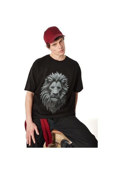 Galatasaray Lisanslı Aslan Baskılı Siyah Erkek T-shirt Siyah