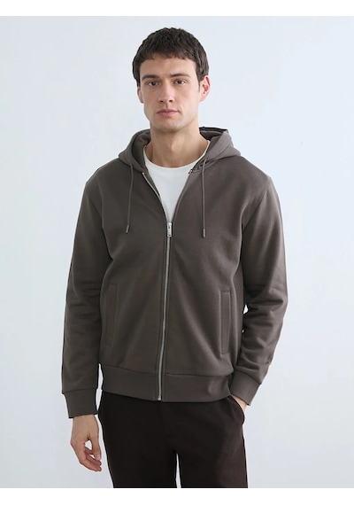 Lc Waikiki Kahverengi Kapüşonlu Standard Fit Erkek Fermuarlı Sweatshirt