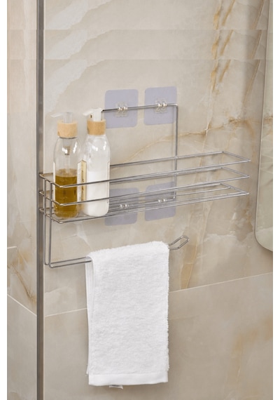 Parlak Silver Modern Banyo Rafı Yapışkanlı Duş Organizer Kağıt Havluluk Gümüş