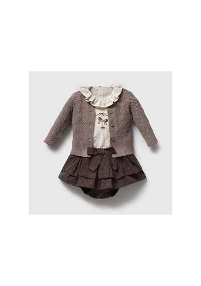 Ministok Charlotte Carousel Nakışlı Triko Hırka, Blüz, Şortlu 3'lü Kız Beb Kahverengi