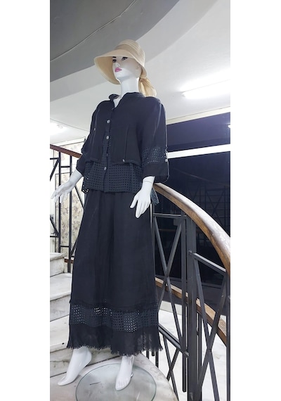 Bohem Stil İtalyan Fisto Detaylı Keten Pantolon Ceket Takım-9196 Antrasit