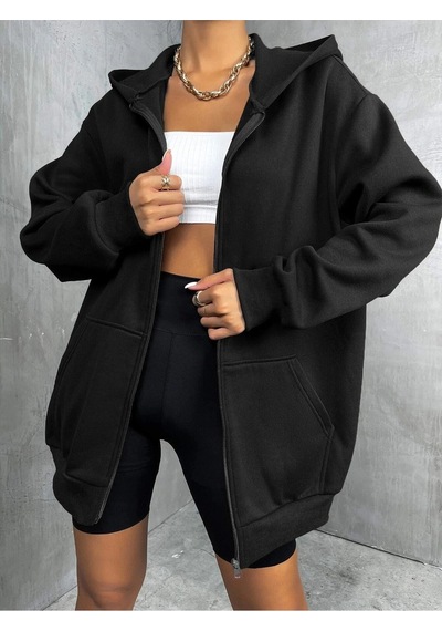 Adrift Unisex Renkli Oversize Kapüşonlu Fermuarlı Hırka Siyah