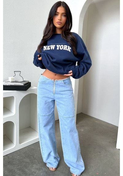 New York Thatsofetch Sweatshirt - Lacivert Baskılı Oversize Bisiklet Yaka Lacivert
