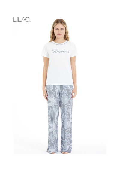Lılac Kadın Çiçek Desenli %100 Viscon Pijama Takımı Beyaz-gri Beyaz-gri