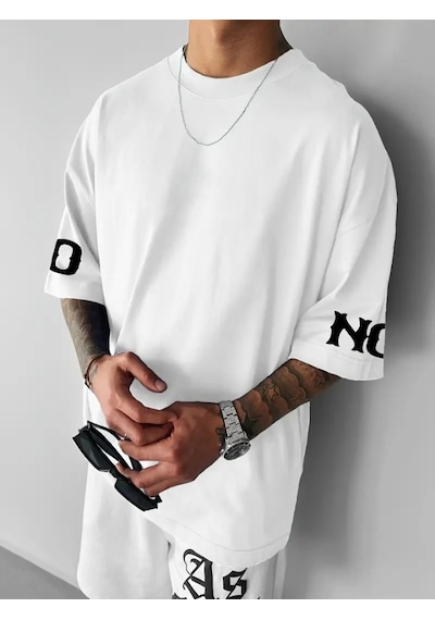 Suma Beyaz Bisiklet Yaka Oversize Baskılı T-shirt L Beden