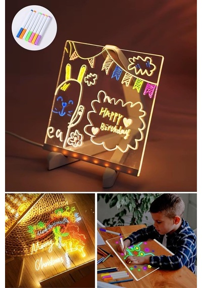 Lexroo Led Işıklı Kendiliğinden Renkli Fosforlu Kalemli Kare Yazı Panosu 20x20 Cm Çok Renkli