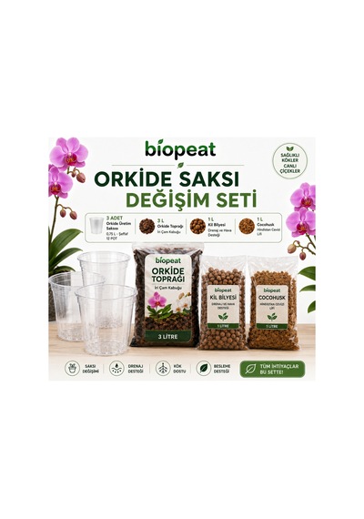 Orkide Saksı Değişim Seti 3 Adet Şeffaf Saksı 3 Litre Orkide Toprağı 1 Litre Kil Bilyesi 1000