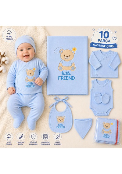 Petino Little Friend 10 Parça Yenidoğan Erkek Bebek Hastane Çıkış Seti %100 Pamuk Mavi Ayıcıklı Battaniyeli Premium Set Bebe Mavisi
