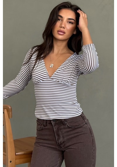 Madmext Kahverengi Çizgili V Yaka Slim Fit Kadın Bluz Mg2887
