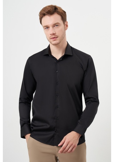 Morven Erkek Siyah Pamuk Düz Desen İtalyan Yaka Slim Fit Gömlek 24mc004088001 Siyah