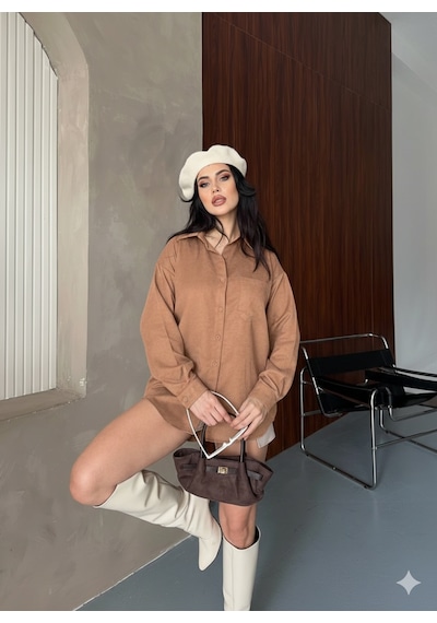 Ribana Classic Kadın Oversize Süet Büyük Beden Uzun Kollu Düğmeli Tek Cepli Gömlek 4962 Kahverengi