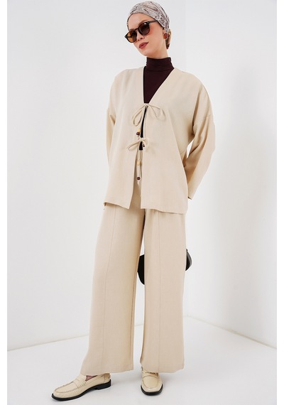 Bigdart Kadın Keten Kimono İkili Takım 6727 - Krem