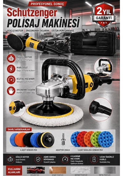 Px13 Devir Ayarlı Polisaj Makinesi Bakır Sargı 12 Parça Ped Seti 2000w 180mm Profesyonel Sarı 7c2