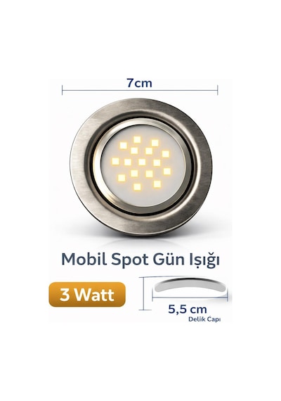 3 Watt Gömme Led Spot 220v Gün Işığı Dolap İçi & Mutfak Altı Aydınlatma Gümüş