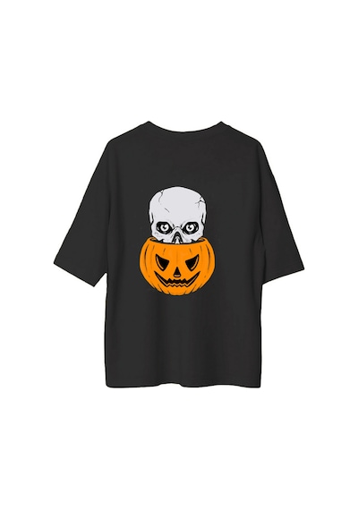 Paybuy Kabak Kurukafa Halloween Sanatı Baskılı Kadın Oversize Tişört Siyah