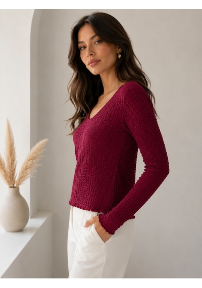 Sortie Collection V Yaka Bürümcük Detaylı Uzun Kollu Bluz Bordo
