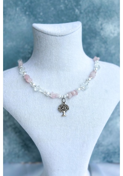 Pembe Kuvars Ve Kristal Kuvars Hayat Ağacı Doğaltaş Kolye Standart