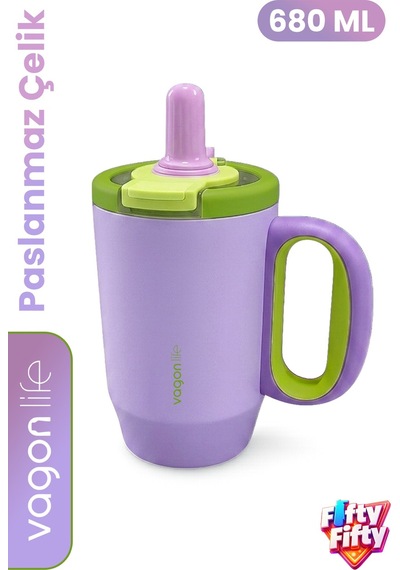 680 Ml Tek Kapak Çift Kullanım Pipetli Rahat İçim Kulplu Paslanmaz Çelik Termos Mug Ffvgn1113-680ml Mor