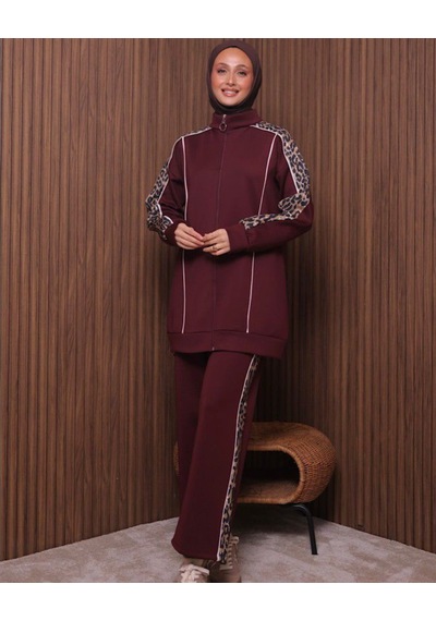 Günlük Moda Kadın Tesettür Eşofman Takımı 2 Li Leopar Detaylı Bordo