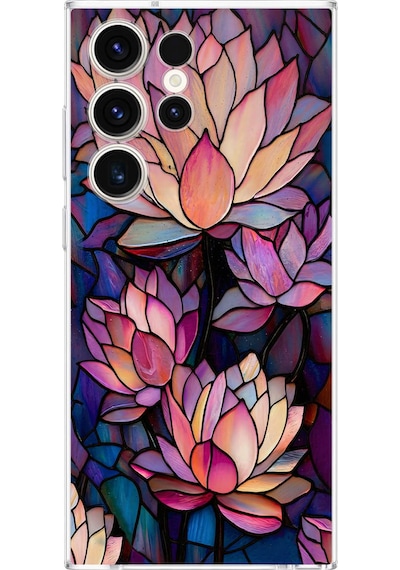 Printify Samsung Galaxy S23 Ultra İle Uyumlu Vitray Sessiz Lotus Tasarımlı Şeffaf Silikon Kılıf Şeffaf