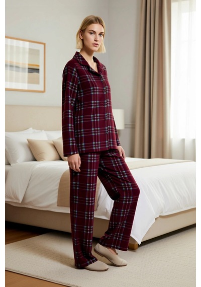 Benerly Kadın Büyük Beden Gömlek Yaka Uzun Kol Ekose Polar Pijama Takımı bordo