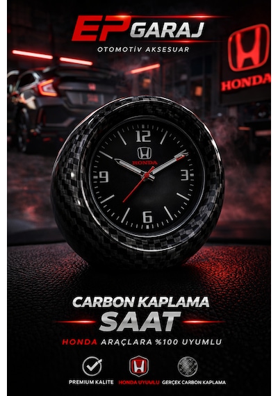 Honda Civic 1989 2025 Uyumlu Araç İçi Saat Honda Logolu Carbon Kaplama Tasarı -