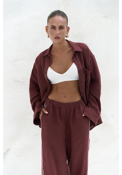 Mai Collection Mai Studios Co. Orchidea Oversize Bordo Keten Gömlek Takım Bordo