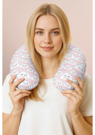 Sevimli Bulut Desenli Pamuklu Boyun Yastığı - Pastel Pembe Mavi Çocuk & Yetişkin Seyahat Yastığı Tozlu Dumanlı Fildişi