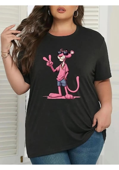 Barlashive Kadın Tişört Pembe Panter Baskılı Bisiklet Yaka Kısa Kol T-shirt - Beyaz Çok Renkli Barlashive Kadın Tişört Pembe Panter Baskılı Bisiklet Yaka Kısa Kol T-shirt - Beyaz Çok Renkli