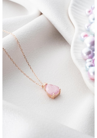 925 Ayar Gümüş Pembe Taşlı Damla Model Kolye Rose Gold