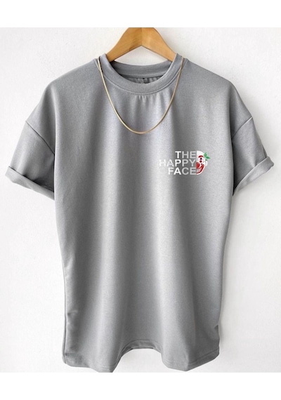 Flood Of Style Erkek Gri Happy Face Baskılı Oversize Tshirt