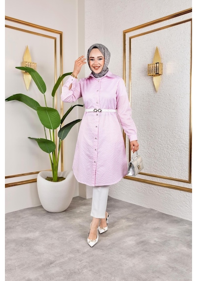 Harman Butik Kemerli Çizgili Keten Gömlek Pembe Pembe