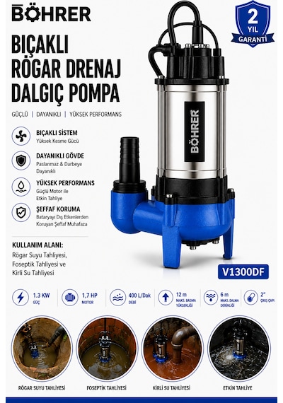 V1300df Bıçaklı Rögar Drenaj Dalgıç Pompa 1.7 Hp 400 L/dak Foseptik, Kirli Su Ve Atık Su Tahl