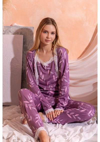 Nisanca Sabahlıklı Dantel Detaylı Pegasus Kadın Pijama Takımı-çeyizlik Takım- Geniş Beden Aralığı Lila