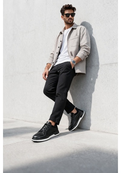 Muggo Reid Hakiki Deri Erkek Kalın Taban Bağcıklı Günlük Casual Sneaker Siyah