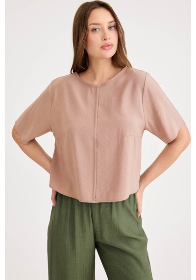 Vitrin Yuvarlak Yaka Kısa Kol Crop Bluz CAMEL
