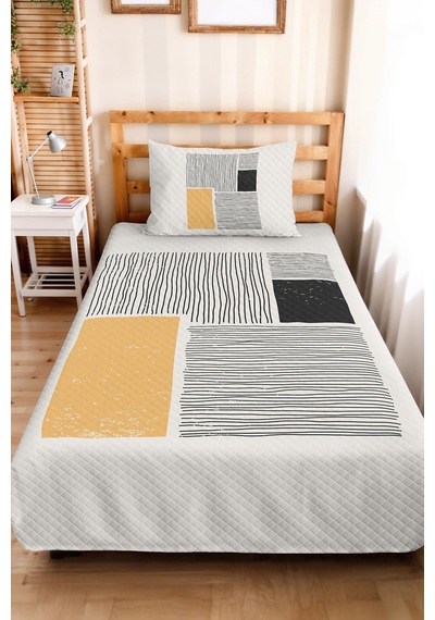Sarı Geometrik Genç Odası Tek Kişilik Pike Takımı - Siyah Çizgili 160x220 Cm Kapitone Yatak Örtüsü Keten Fildişi Harmonu