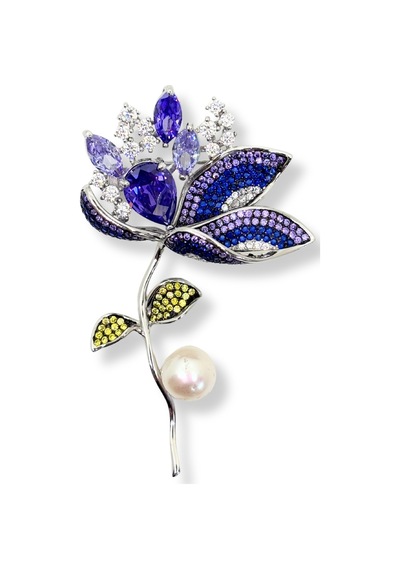 Oya Silver İri Ametist Safir Zirkon Taşlı İnci Detaylı Gümüş Çiçek Broş Yaka İğnesi 7x4.2cm F74206mq517 Lacivert