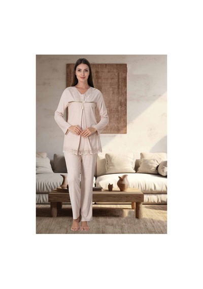 Effortt Dvina Lohusa Hamile Dantelli Yakalı Pijama Takımı - Bej Bej