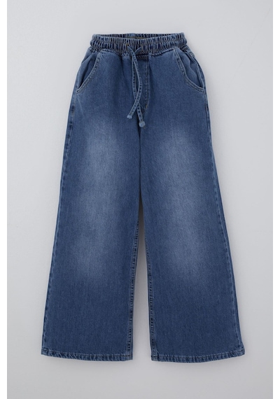 Breeze Kız Çocuk Jean Pantolon Bağcıklı Bel Kısmı Lastikli 7-12 Yaş, Mavi