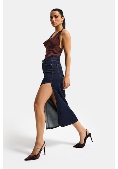 Itsbasic Kadın İndigo Selvedge 7s6-50 Maxi Yandan Yırtmaç Detaylı Tasarım Likralı Kumaş Denim Etek