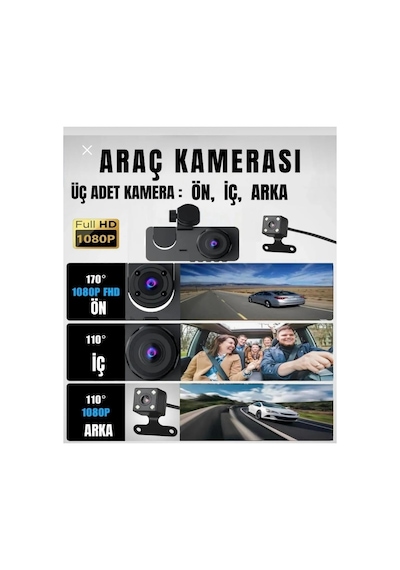 Elmalı Store Üç Kameralı Wi Fi Araç İçi Kamera Güvenlik Çözümü - Araç İç Ve Dış Kayıt